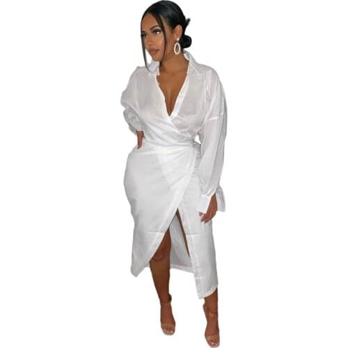 Women White Dress Sexy V Neck Bandage Party Slit Midi Dresses Long Sleeve Loose Female Clubwear