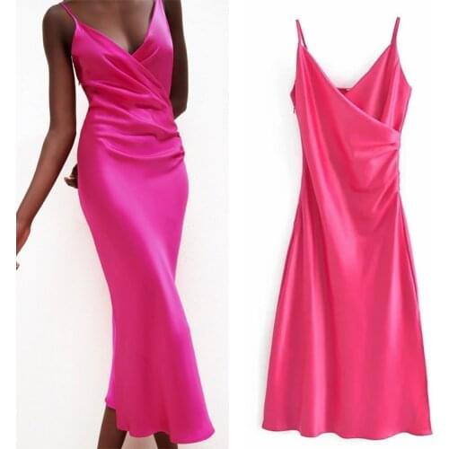 Summer Slip Long Dress Woman 2021 Rose Red Camisole Elegant Party Dresses Women Ruched Backless Midi Sexy Dresses
