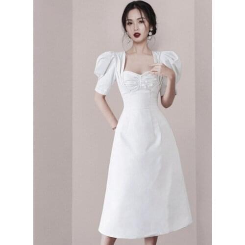 2021 Summer New Women High Quality Elegant Vestidos Puff Sleeve Square Collar Office Slim White A-Line Hight Waist Midi Dresses