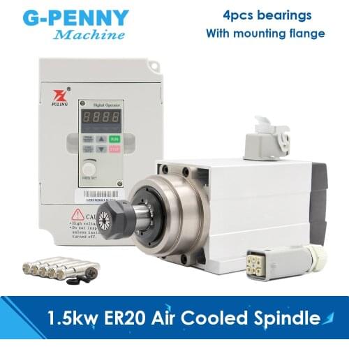1.5kw square spindle motor ER20 4 pcs bearings 0.01mm accuracy air cooled spindle motor air cooling & 1.5kw Fuling inverter/VFD