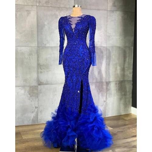 2020 Arabic Aso Ebi Royal Blue Evening Dresses Luxurious Beaded Crystals Long Sleeve Sheer Neck Mermaid Style Plus Prom Dresses