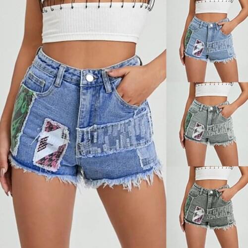 2021 Fashionbale Women Shorts High Waist Plus Size Hard-wearing Denim Buttons Vintage Printed Tassel Summer Shorts short Jeans