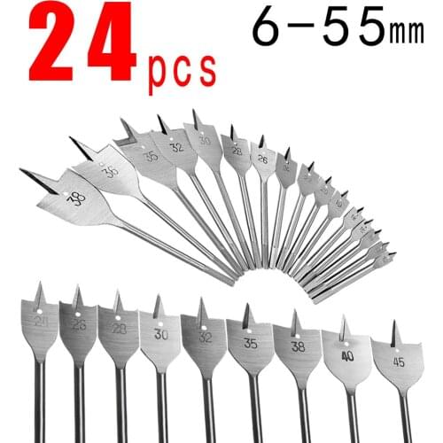 24pcs High Quality 6-55mm Flat Drill High-carbon Steel Wood Flat Drill Set Woodworking Spade Drill Bits Durable Woodworking Tool