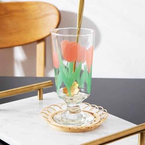 280ml New Korean Japan Style White Flower Tulip Wine Glass Red Flower Golden Mouth Whisky Dessert Cup Ins Fashion Drinking Set