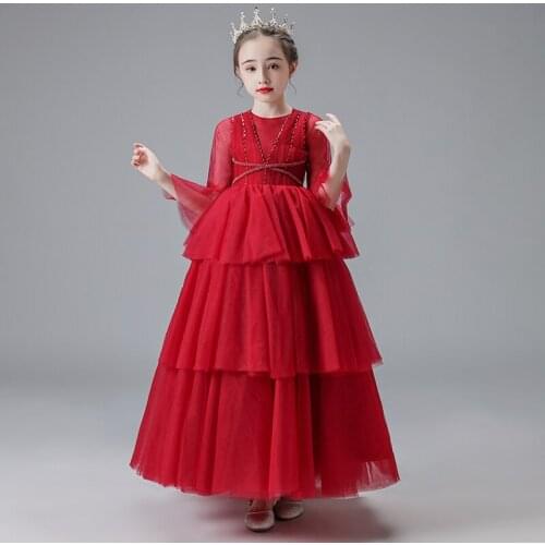 Flower Girl Dresses Illusion Vintage Princess Sequined Ball Gown Pleat Tiered Beading O-Neck Lace Tulle Kids Party Dress H020