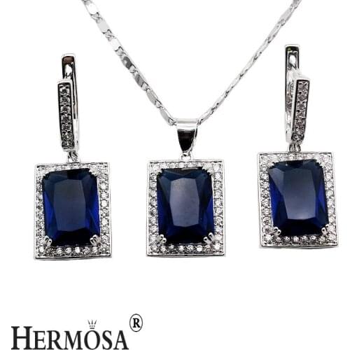 Hermosa BlueTopaz Jewelry Sets Silver Color Earrings Pendant Necklace Set Fashion Women Party Gift Prom Hot