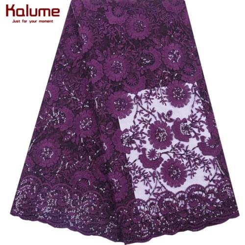Kalume New Arrival African Lace Fabric Purple French Mesh Milk Silk Lace Fabric With Sequins Nigerian Tulle Lace For Dress F1989