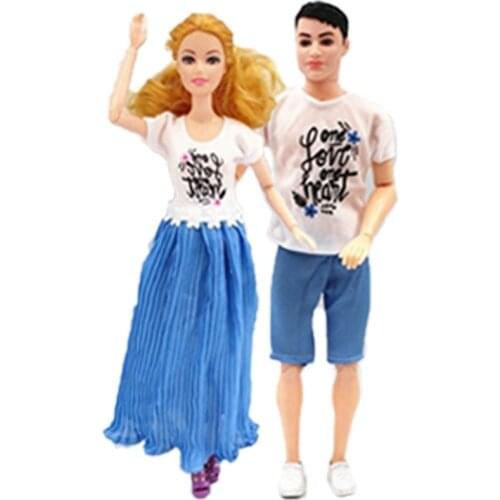 2sets/lot Couple Lover Casual Wear for Barbie Doll Outfits White Shirts Blue Pleat Skirt Shorts Clothes for Ken Boy Male Doll