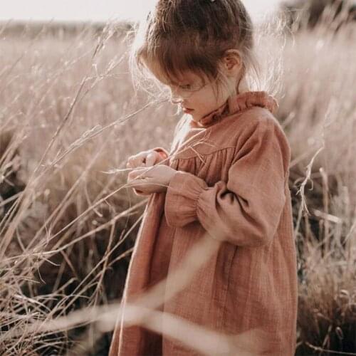 Beautiful Toddler Girls Long Sleeve Dresses High Neck Cotton Crepe Quality Children Twril Dress Lovely Kids Korean Design Dress