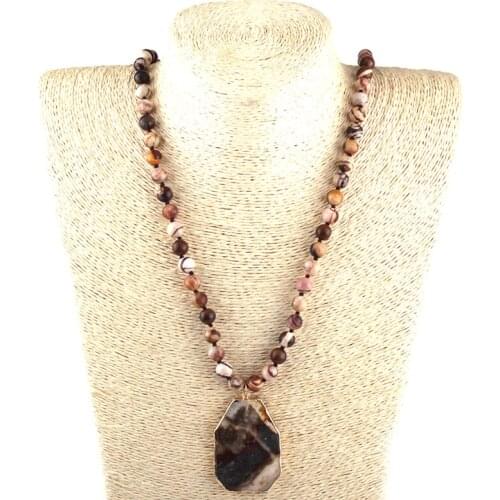 Fashion 8mm Natural Zebra Knotted Stones with Stone Square Pendant Handmade Necklace Women Jewelry