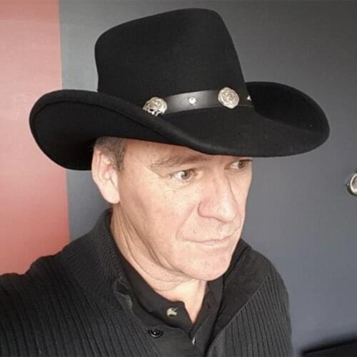 Men Wool Western Cowboy Hat With Roll Up Brim Jazz Cowgirl Cap With Metal Belt Fedora Sombrero Cap