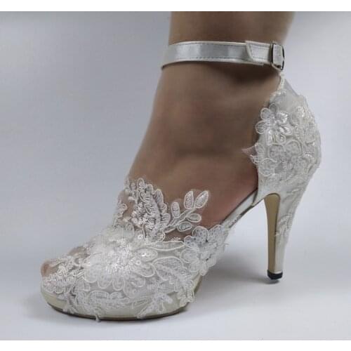 BaoYaFang New Womens wedding shoes Peep Toe white lace shoes crystal Flower Ladies party shoes woman ankle strap High heel