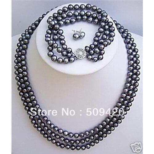 Free Shipping> 3 rows 6-7mm Natural cultured black pearl necklace bracelet earrings set