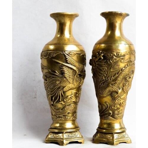 Par de latón Vintage chino fengshui dragón Fénix jarrón vintage decoración del hogar artesanía de metal