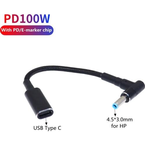 Type C to 4.5x3.0mm Plug Converter 100W USB C PD Fast Charging Cable for HP / Dell Laptop Charger DC 4.5*3.0