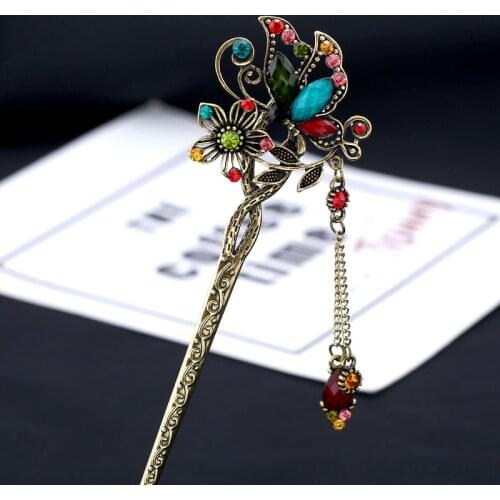 Retro Rhinestone Butterfly Hair Stick Jewelry Wedding Hair Accessories Metal Hairpin Wedding Accessories Ladies Jewelry Hairpin
