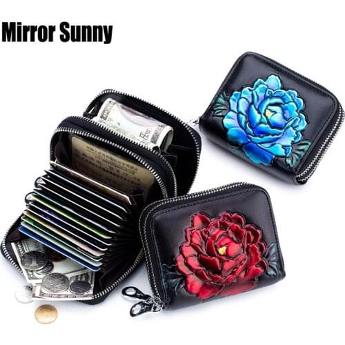 RFid Anti-thief Card Package Rose Flower Hand Carving Double Zipper Purse For Women Multi-function Wallet For Female Coin Purse
