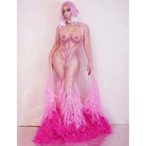 Rose Rhinestone Mesh Fringe Tail Floor-length Dress Birthday Celebrate Prom Wear Women Dancer Evening Party Show Dresses