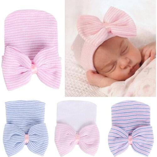 Baby hat Newborn 0-3M Toddler Baby Warm Hat Striped Caps Soft Hospital Girls Hats Bow Beanies for Newborn Send Earring as gift