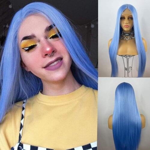 Light Blue Long Straight Synthetic Lace Front Wig Gluless Natural Hairline Wig With Baby Hair Natural Looking For Women Cosplay