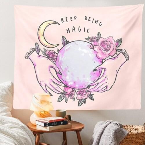 Magic Moon Tapestry Wall Hanging Pink Witchcraft Bed Room Decor Art Celestial Psychedelic Tapestry Keep Being Magic Wall Art