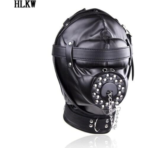 Womens Black Leather Mask Sex Fetish Male Cosplay Slave Choking Game Port Ball Adjustable PU Masks Cosply Toy Mask For Couple