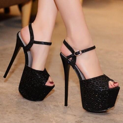 Hot Sales 2020 Summer Style Sexy Women Sandals Sequined Cloth Buckle 17CM Thin High Heels Round Toe waterproof Party shoes women