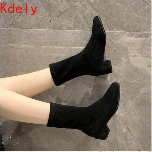 2020 New Spring Autumn Women Black Ankle Sock Boots Fashion Stretch Boots Chunky High Heels Pointed Toe Women Shoes