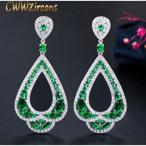 CWWZircons Brand Luxury Boho Style White Gold Color Cubic Zirconia Long Big Statement Green Dangle Drop Earrings for Women CZ398