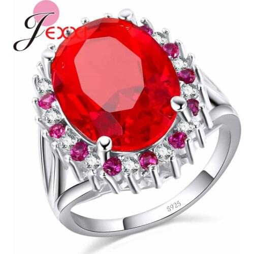 925 Sterling Silver Round Wedding Rings For Women AAA Red CZ Zirconia Crystal Finger Rings Flower Handmade Big Sizes Bague