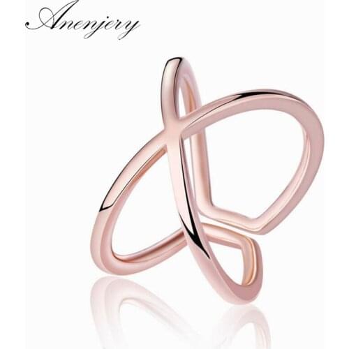 ANENJERY 925 Sterling Silver Rings For Women Trendy Simple Fashion Line Cross Resizable Rings Bague S-R195