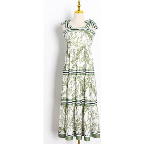 Donsignet 2021 Summer New Fashion Sexy Print Holiday Lace Adjustable Waist Long Length Spaghetti Strap A-LINE Dresses for Women