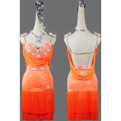 New Latin Dance Dress Women Competition Costumes Custom Practice Skirts Shining Crystal Orange Thick Fringed Latin Dresses