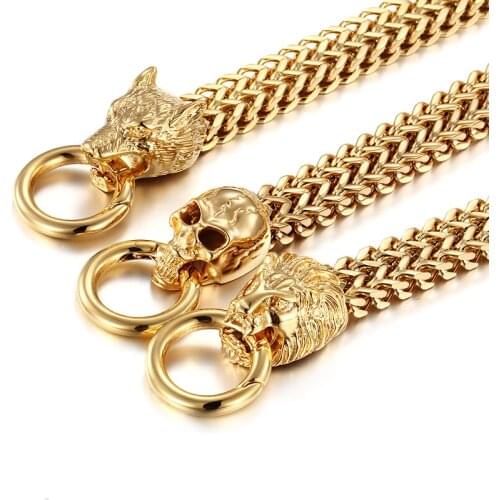 Gold High Quality Stainless Steel Jewelry figaro Chain Bracelet Wolf / Skull / Lion gothic design for Mens Gifts 9 inch 24mm