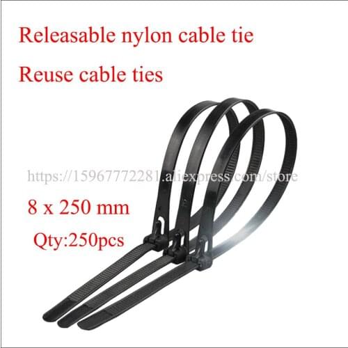 250PCS 8x250mm Releasable nylon cable tie for repeated use Zip Tie Loop Wire Wrap Eco-friendly loose buckle plastic nylon tie
