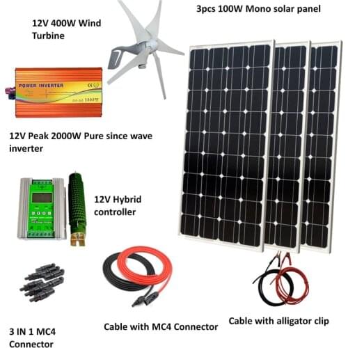 700W wind solar hybrid system: 300W mono solar panel,400W Wind Turbine Generator,peak 2000w pure since wave inverter, controller