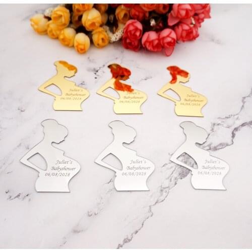 20 pieces 7x5CM Acrylic Mirror Pregnant Woman Custom Name Guest Gifts Party Decor Favors Personalize For Bady Birth Party