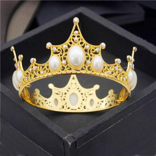 Baroque Round Crown Rhinestone Pearls Metal Tiaras Birthday Cake Ornaments Bridal Wedding Hair Jewelry Fashion Diadem Headdress