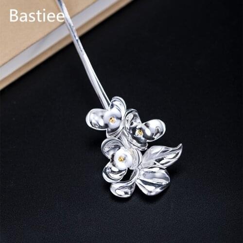 Bastiee Flowers 925 Sterling Silver Hair Stick Luxury Hair Jewelry Hairpins Women Accessories Wedding Hairpin Ancient