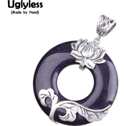 Uglyless Ethnic Thai Silver Lotus Pendants for Women Noble Blue Sands Stones Chalcedony Necklaces NO Chains 925 Silver Leaf P908