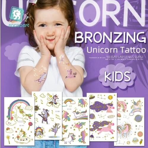 Rocooart Unicorn Bronzing Cartoon Childrens Metallic Gold Body Temporary Flash Tattoos For Kids Glitter Tattoo cute Stickers