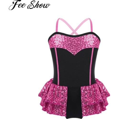 Kids Girls Shiny Sequins Ballerina Ballet Dance Leotard Tutu Dress Modern Jazz Latin Dancing Clothes Stage Performance Costumes