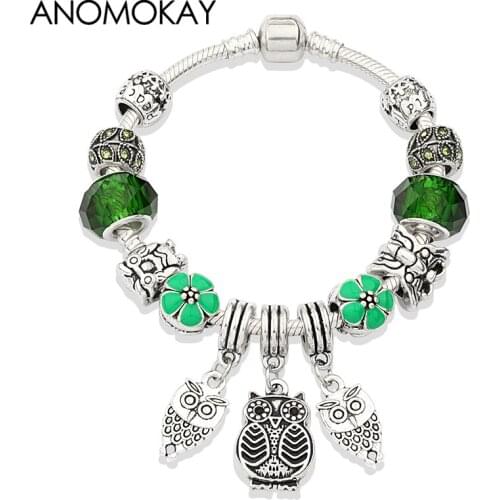 Forest Green Enamel Flower Charm Bracelet Silver Color Owl Butterfly Animal Bead Bracelets Casual Green Jewelry for Xmas Gift