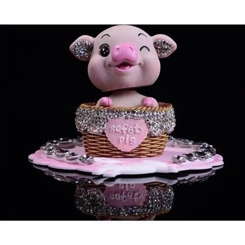 Crystal Car Ornaments Lucky Pig Dashboard Decor Cute Shaking Head Pig Doll Auto Interior Trims Bobble-Head Toys Car Decoration