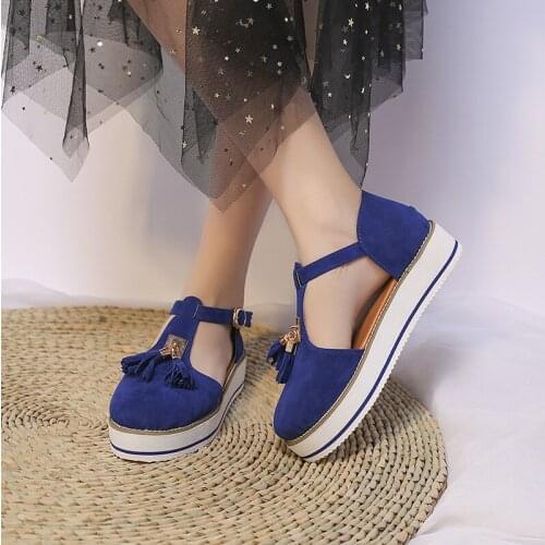 Flock PU Solid Women Sandals Round head Thick Platform Fringe Wedges Ladies Shoes Plus Size Casual Student Summer Med (3cm-5cm)