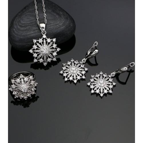 Natural White Cubic Zirconia 925 Sterling Silver Jewelry Set For Women Anniversary Earrings With Stone Ring Pendant Necklace Set
