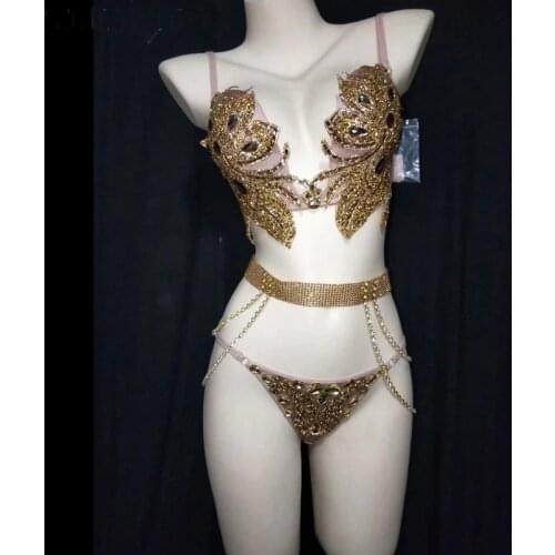 Pole Dancing Diamond Bra Gold Black Silver Rhinestones Bikini Set DJ Nightclub Bar Sexy Performance Costume Women Stage Wear