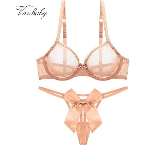 Varsbaby sexy gauze bra and cute big bow thong underwear set unlined transparent see-through plus size bra set
