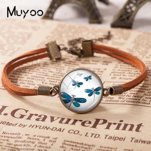 2019 New Dragonfly Art Leather Bracelet Color Dragonflies Bracelets Glass Cabochon Hand Craft Jewelry