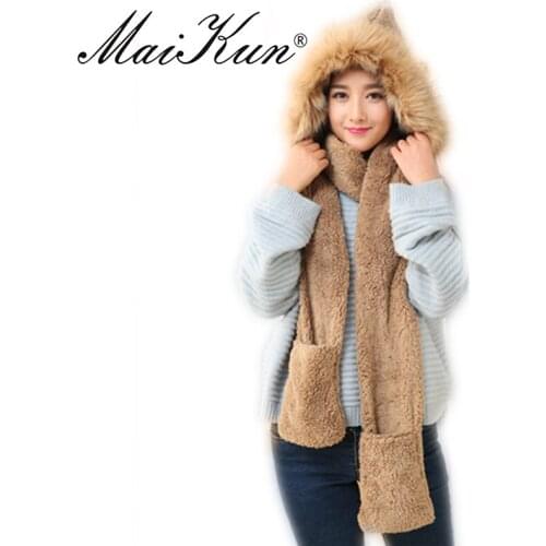 Maikun Women Winter Scarf scarves Female Warm Scarf Soft Plush Hooded Cap Hat Scarves Pocket Gloves
